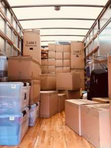 Piles of boxes in a storage unit