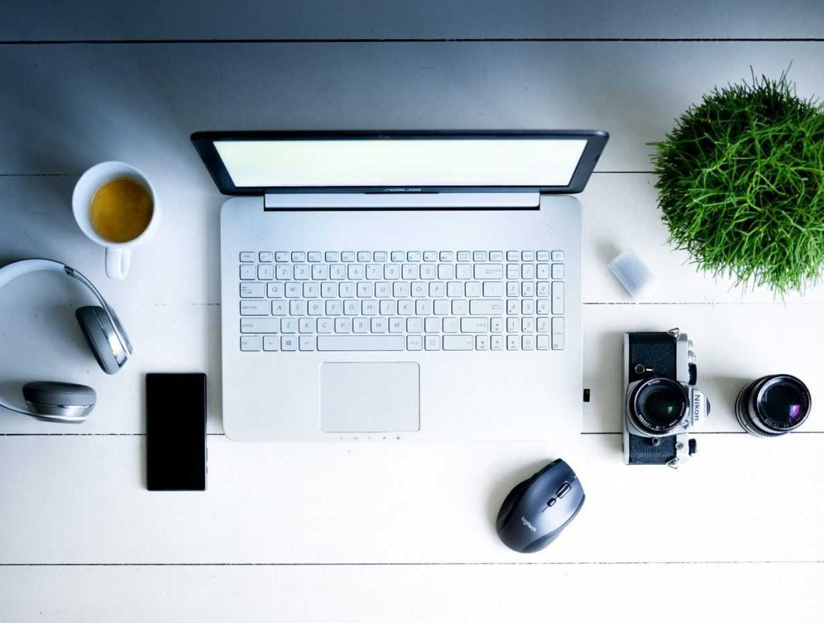 Home office space - laptop, cup of coffee, phone...
