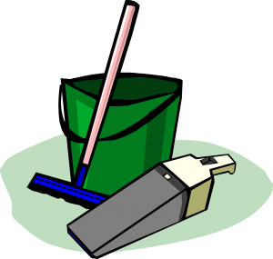 A drawing of a bucket a broom and a vacuum cleaner used to clean your new home