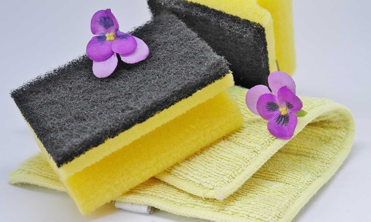 Two purple flowers, two yellow sponges and a yellow towel