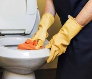 A person wearing rubber gloves cleaning the toilet