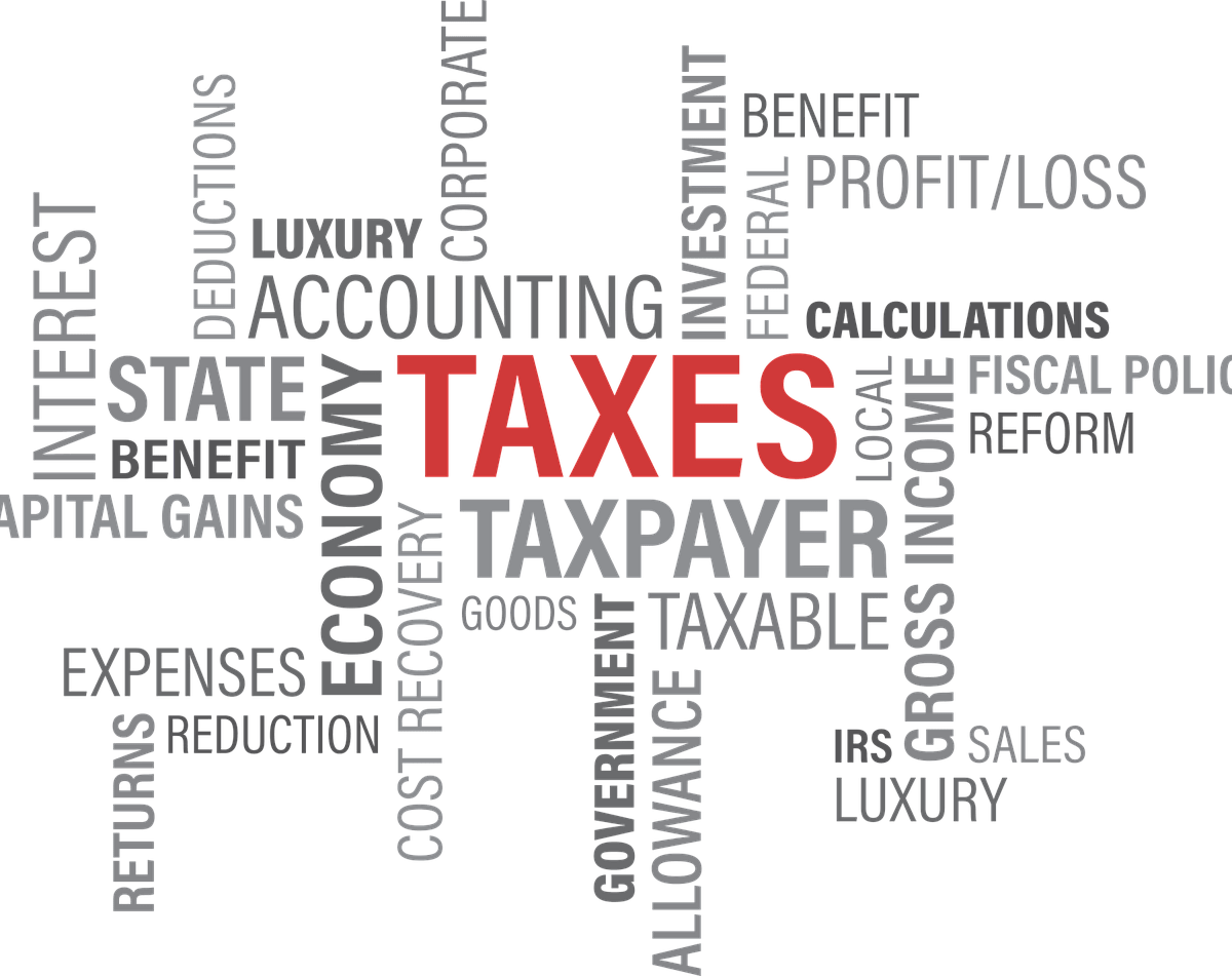 The word "TAXES" written in red and many other related expressions written in gray on a white background