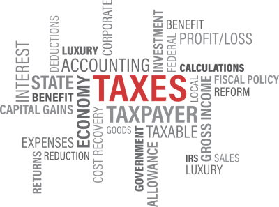 The word "TAXES" written in red and many other related expressions written in gray on a white background