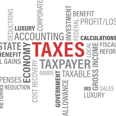 The word "TAXES" written in red and many other related expressions written in gray on a white background